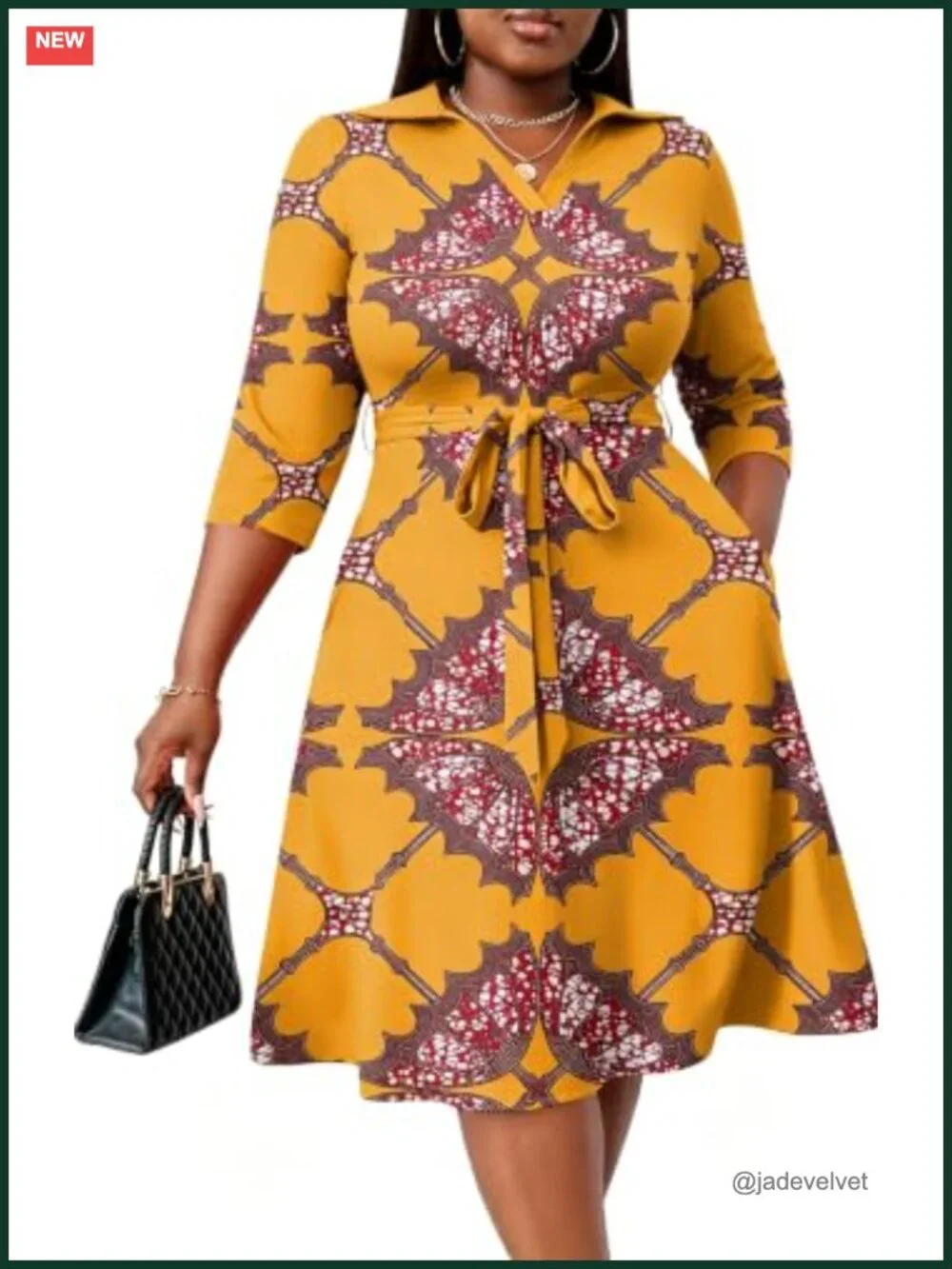 Plus Size Midi Dress, Cotton Spandex, 3/4 Sleeve, V-Neck, A-Line, Pockets & Belt